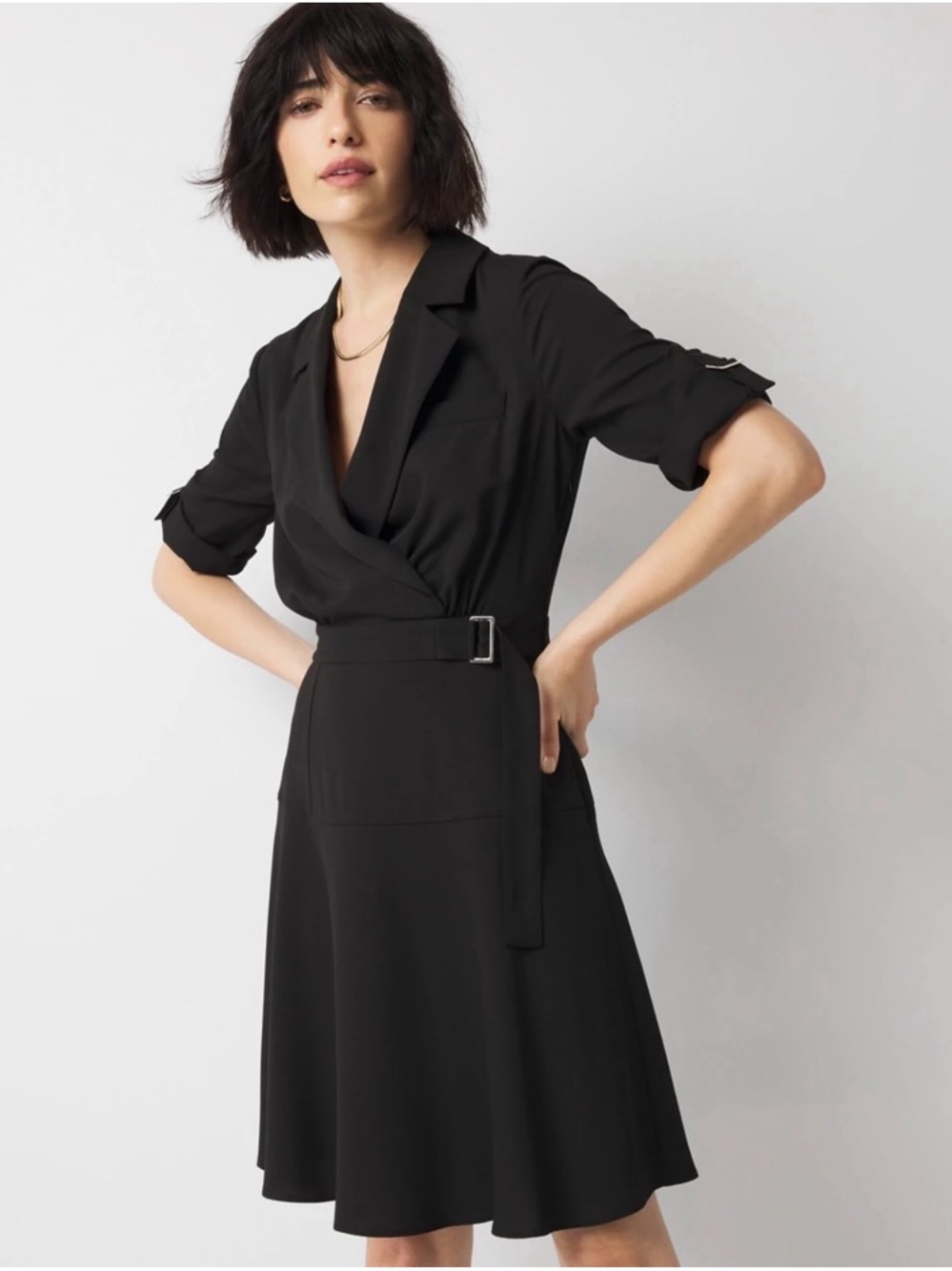 White House Black Market Black Short Sleeve Belted Crepe Shirt Dress – NWT